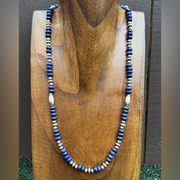 Sterling Silver Blue Lapis W Multi Bead Pearls Necklace. 24 inch. Gift